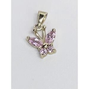 Vintage Gold Plated - 925 Sterling Silver & Pink CZ Butterfly Pendant